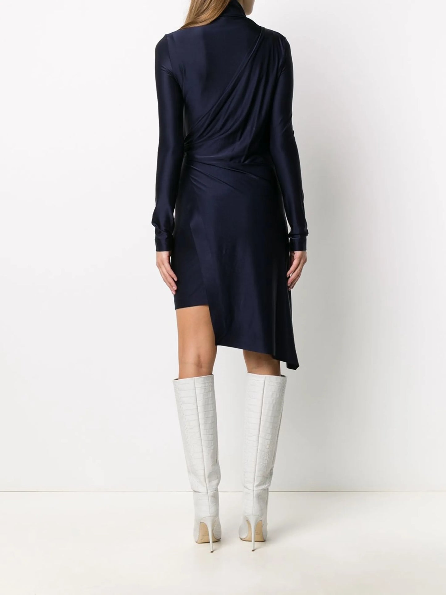 logo print draped asymmetric dress
