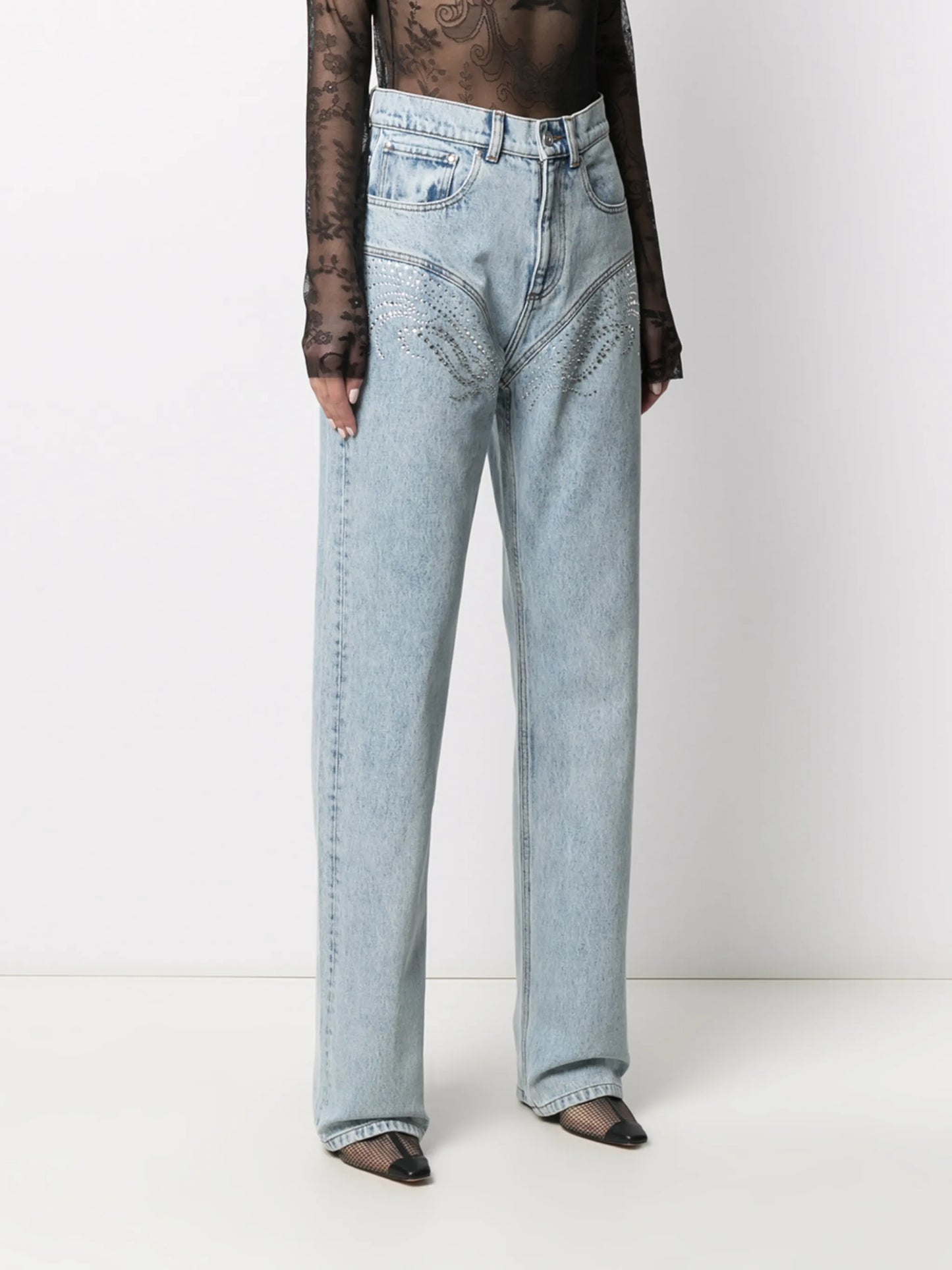 crystal-embellished wide leg jeans