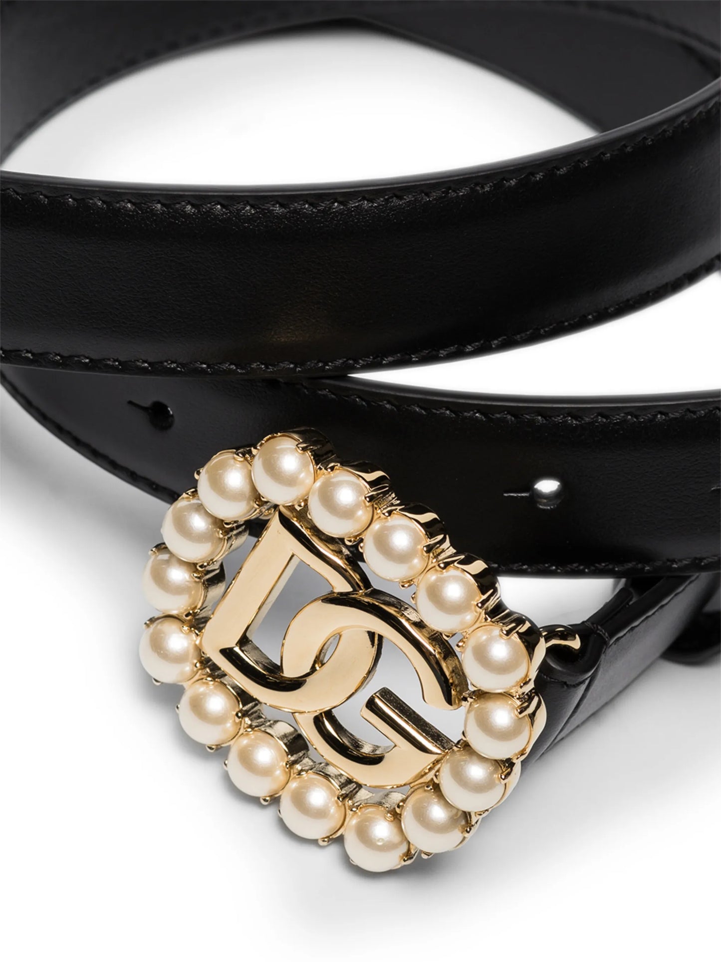 logo-buckle pearl embellished leather belt