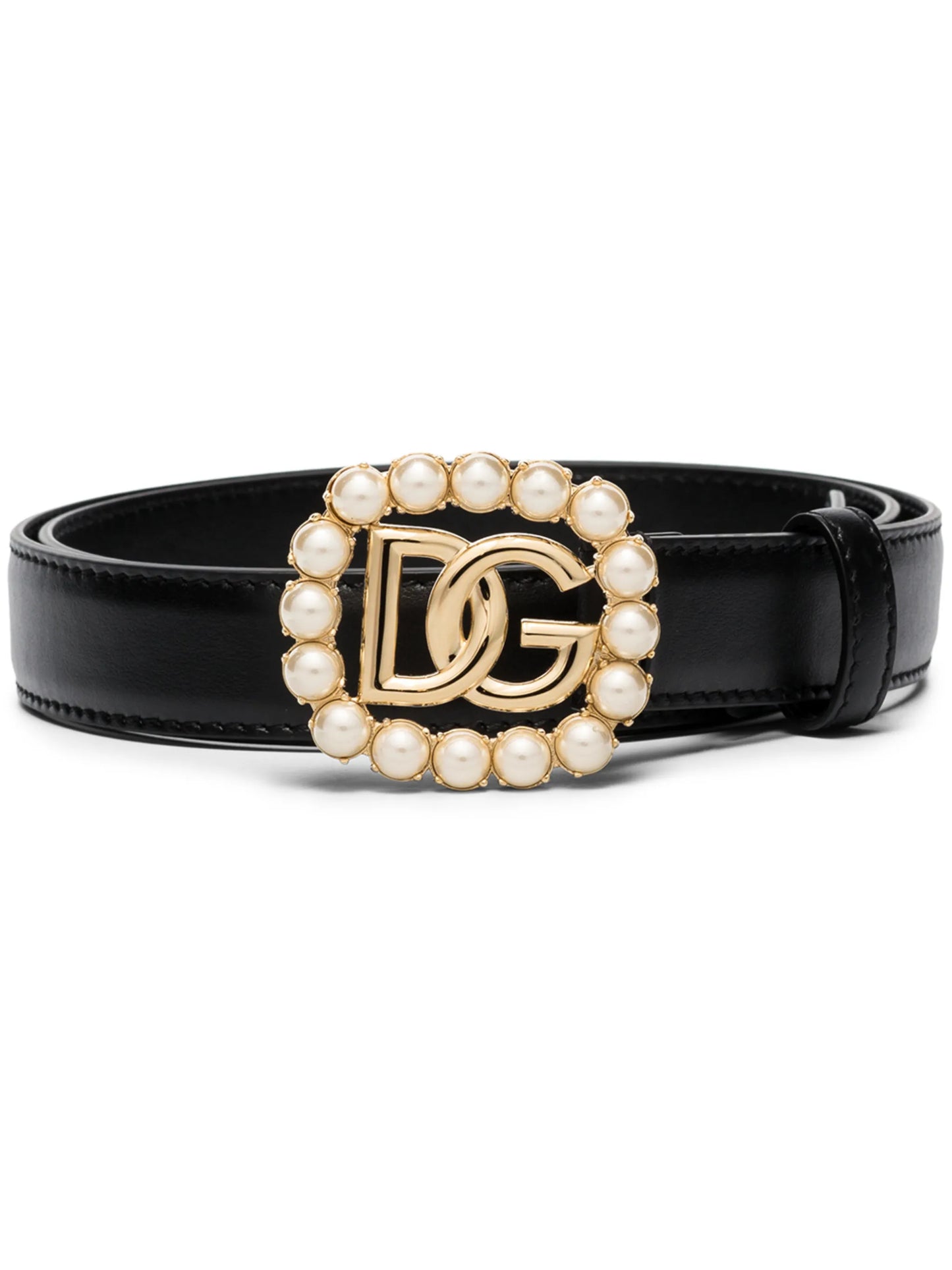 logo-buckle pearl embellished leather belt