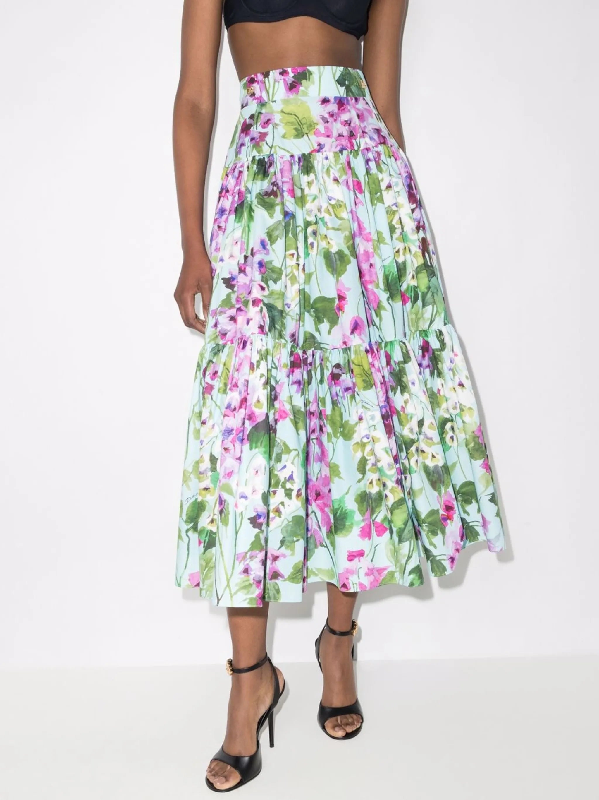Bluebell-print tiered poplin skirt