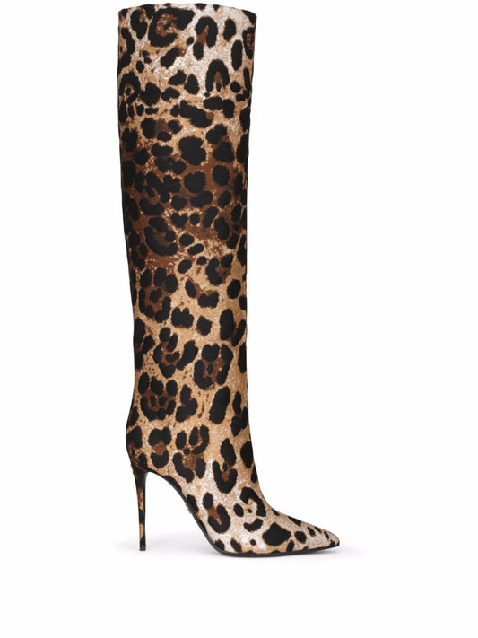 leopard-print jacquard knee-length boots