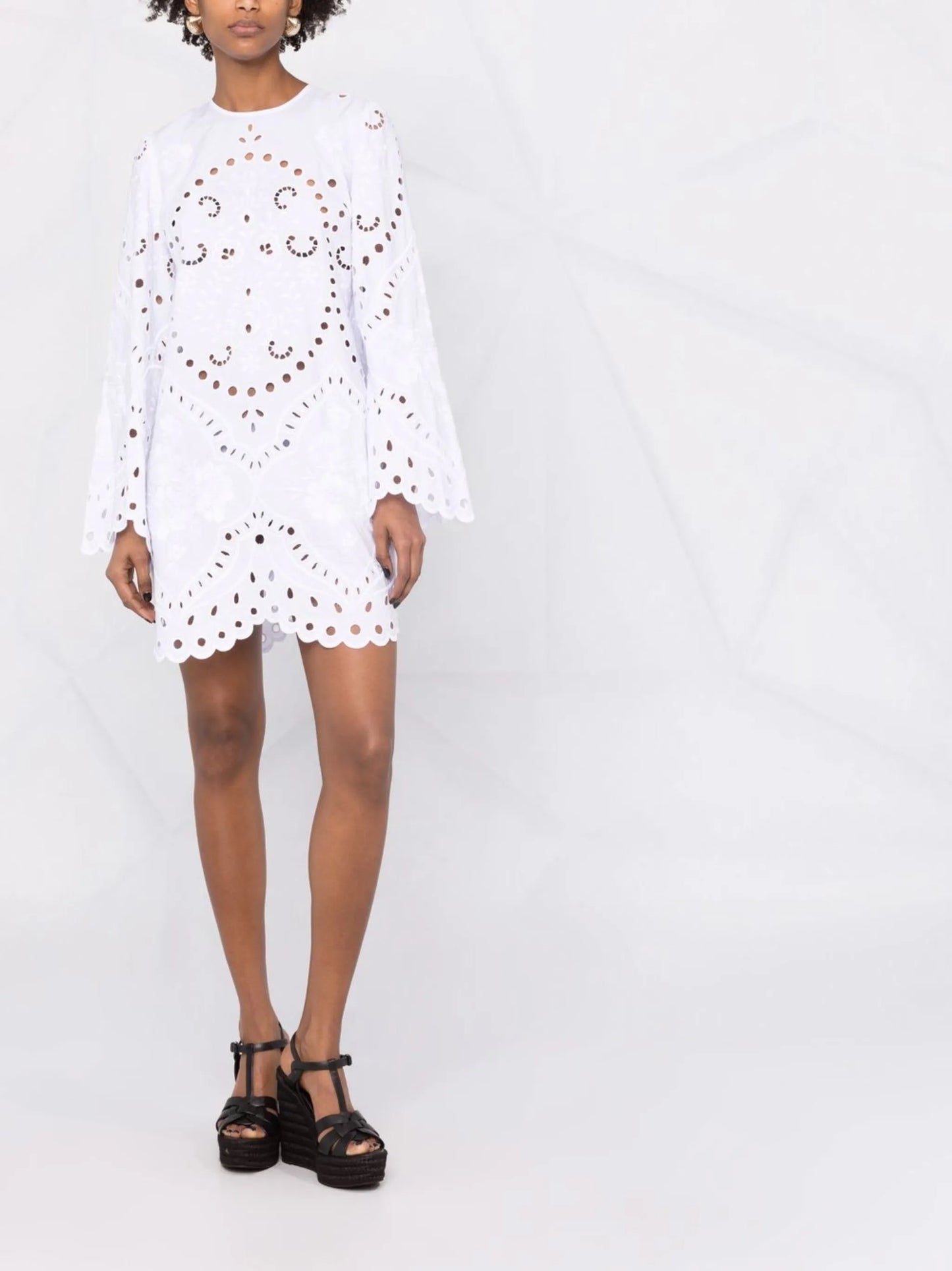 broderie-anglaise bell-sleeve mini dress