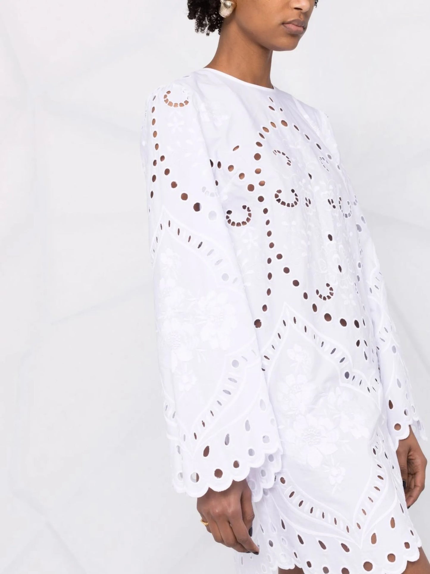 broderie-anglaise bell-sleeve mini dress