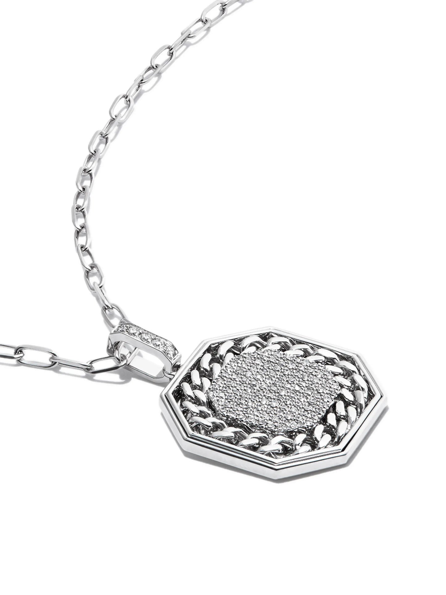 18K white gold link diamond border pendant necklace