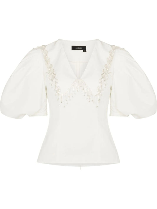 crystal-embellished puff-sleeve blouse