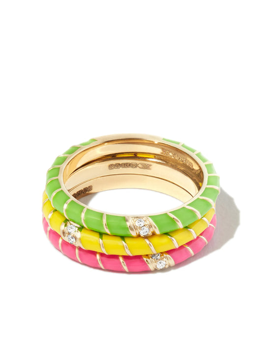 set of three 9kt yellow gold diamond and enamel rings