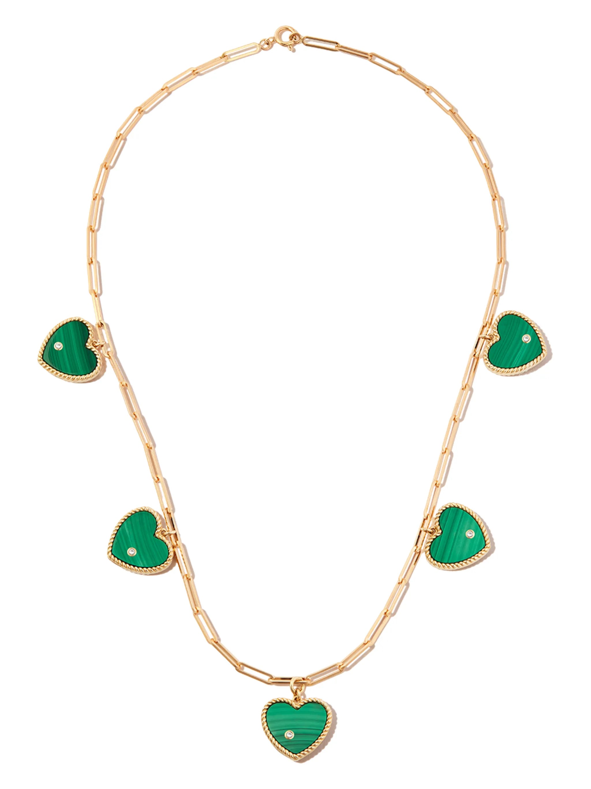 9kt and 18kt yellow gold malachite five heart pendant necklace