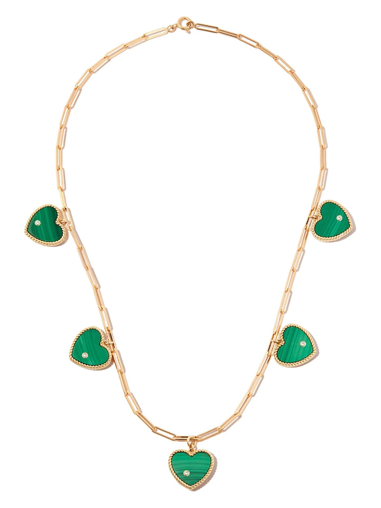 9kt and 18kt yellow gold malachite five heart pendant necklace