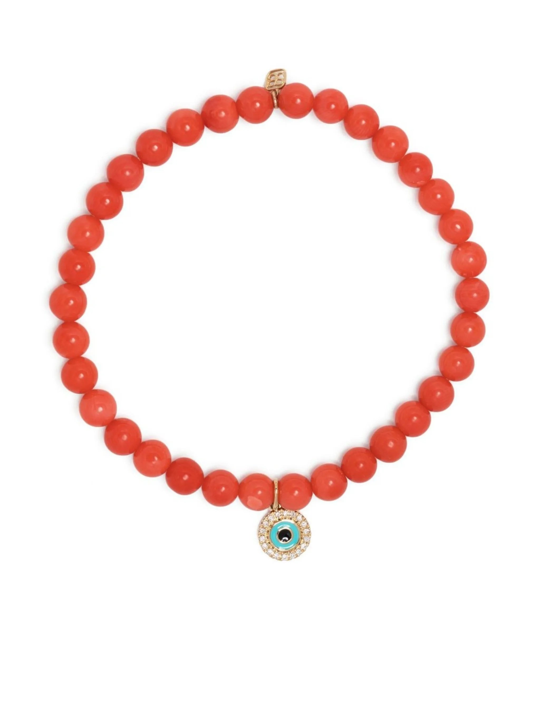 14kt yellow gold Evil Eye coral beaded bracelet