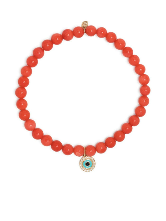14kt yellow gold Evil Eye coral beaded bracelet