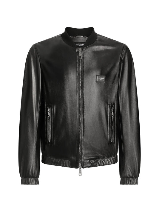 logo-appliqué leather jacket