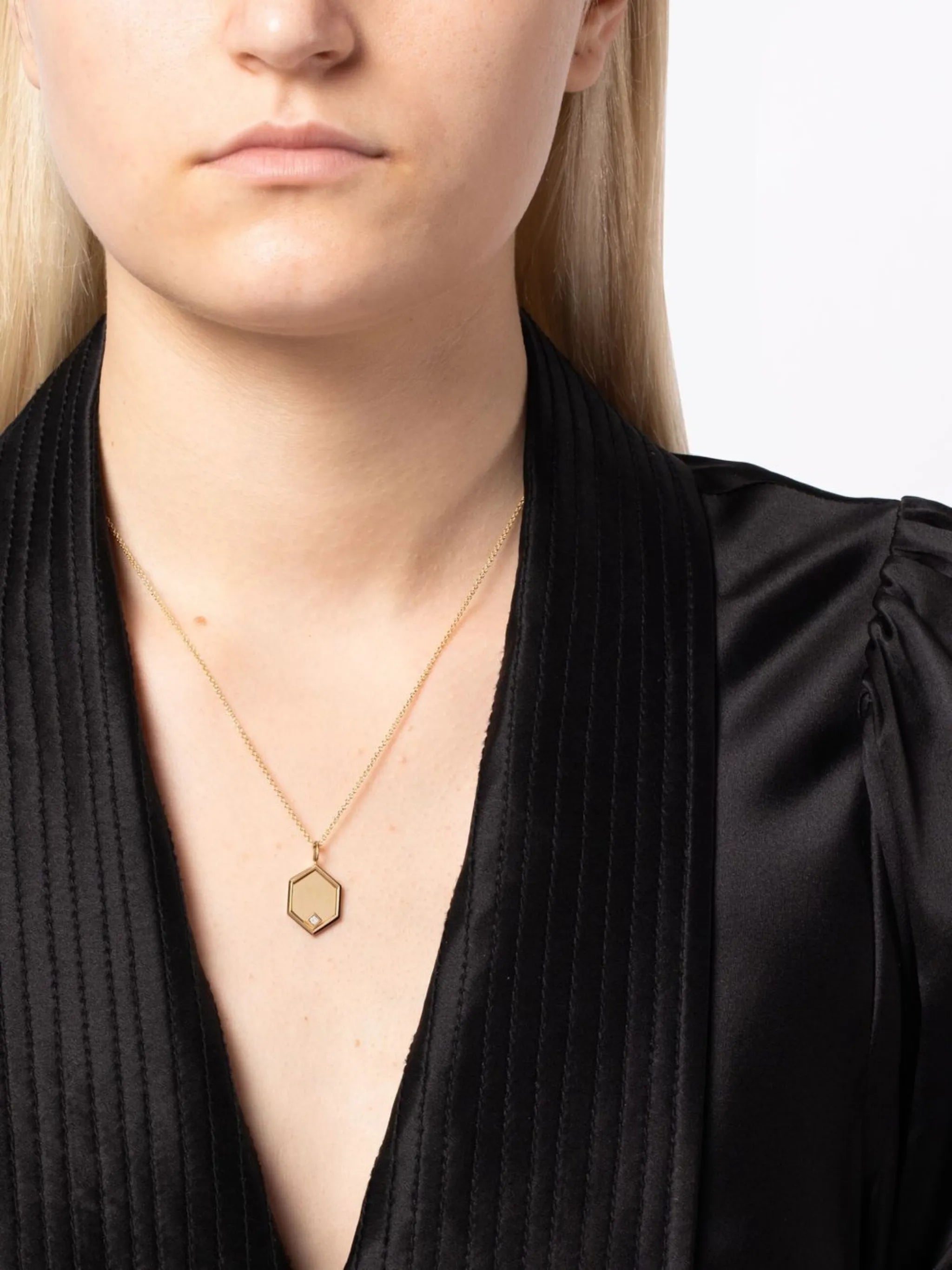 18kt yellow gold Hexagon charm diamond necklace