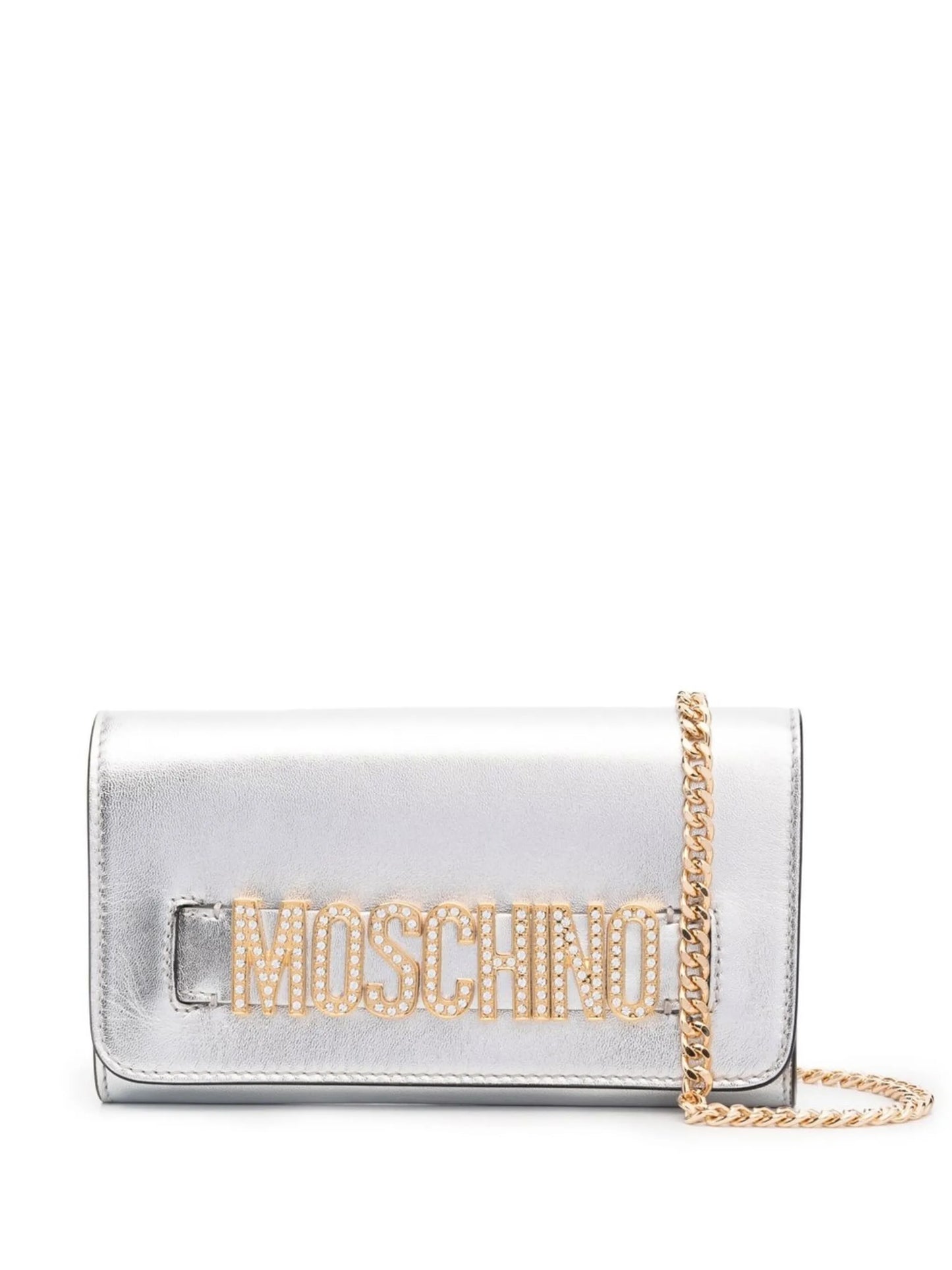 crystal-embellishment logo clutch bag