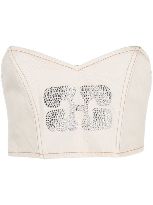 Crystal-embellished Logo Denim Crop-top