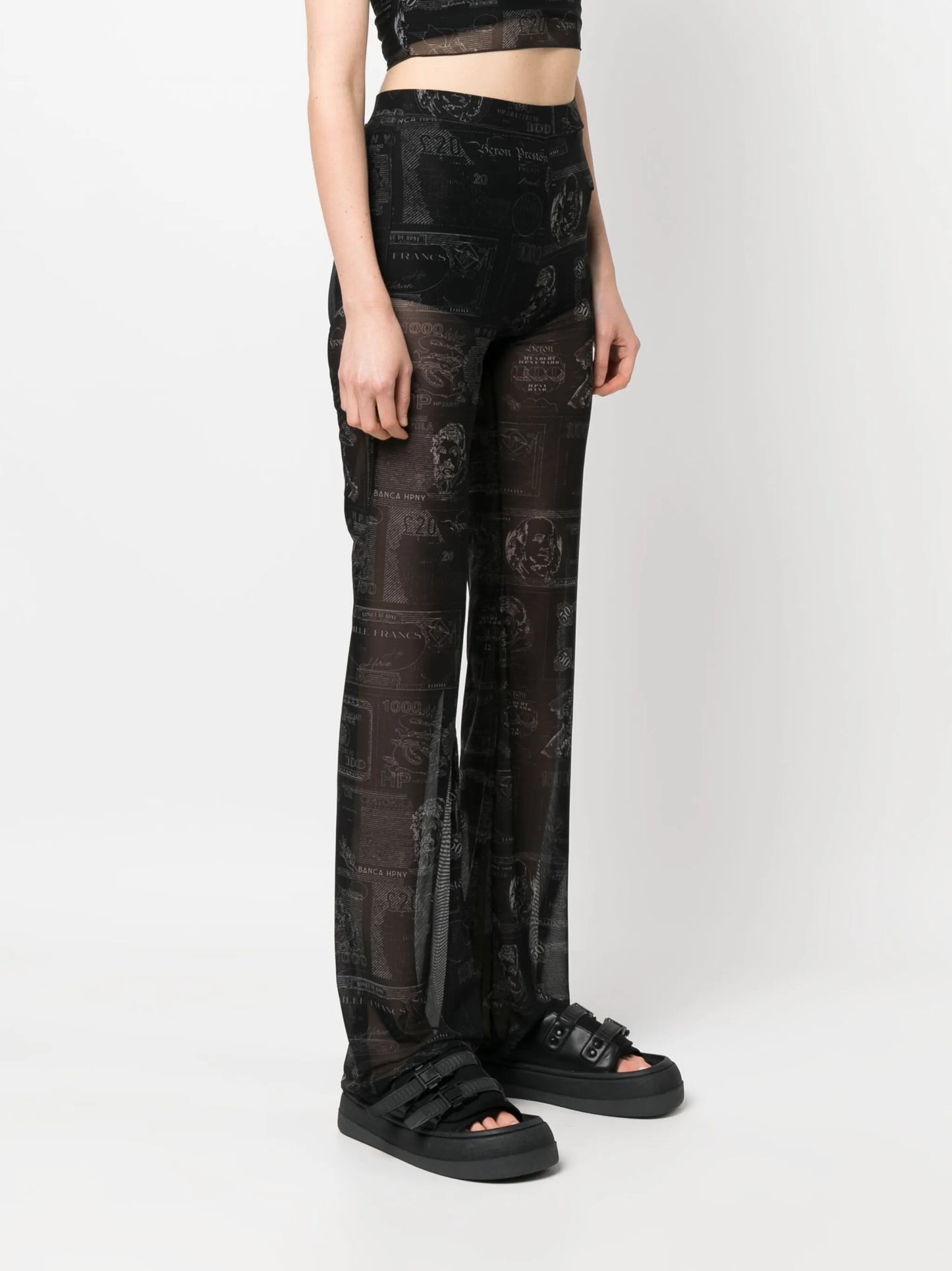 Currency-print mesh trousers