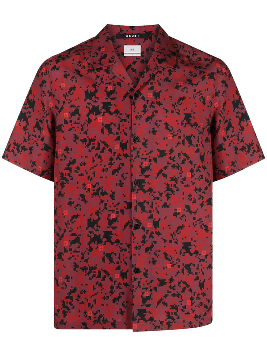 Cuban-collar pixelated-print shirt