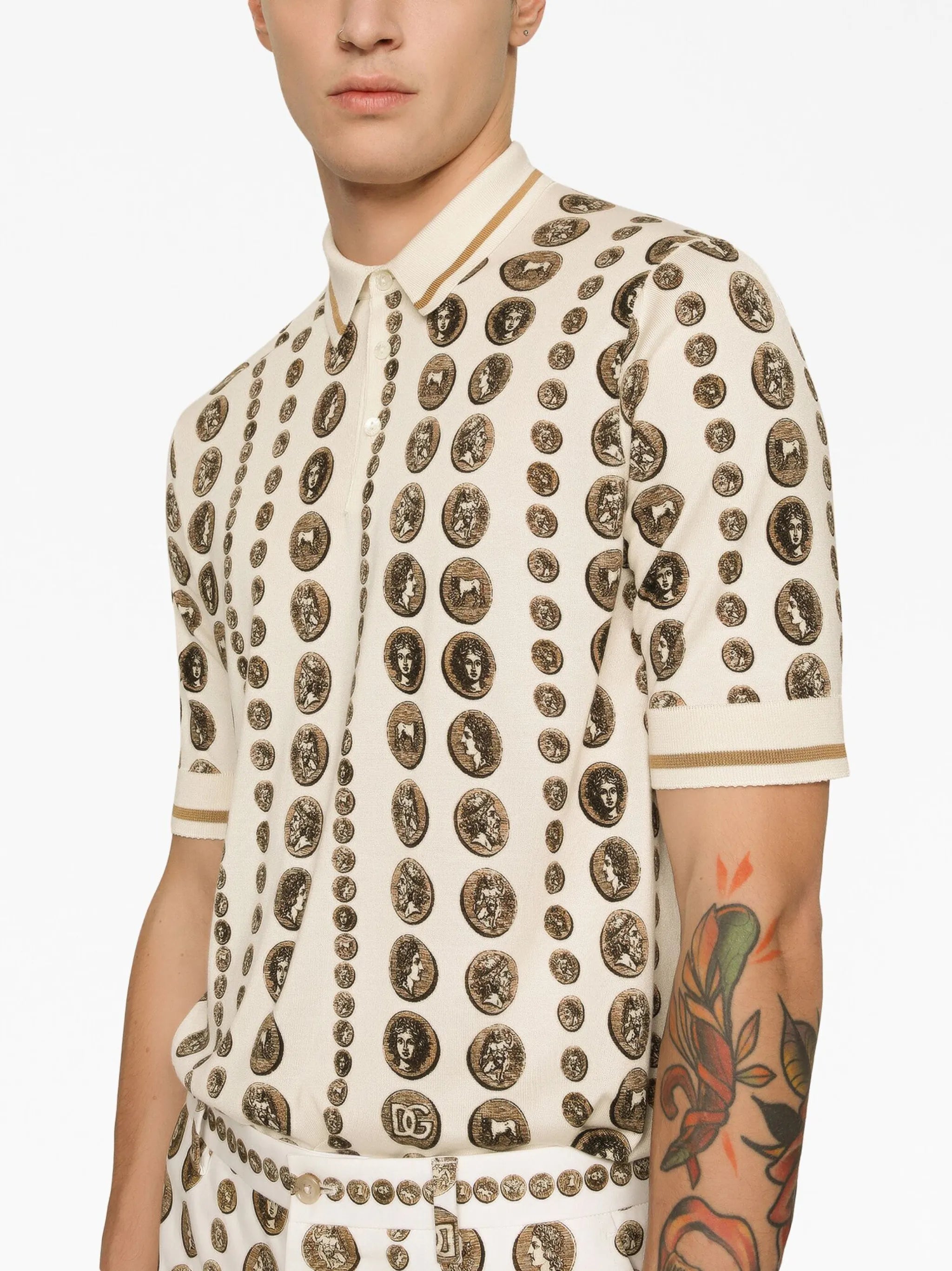 stripe-detail silk polo top