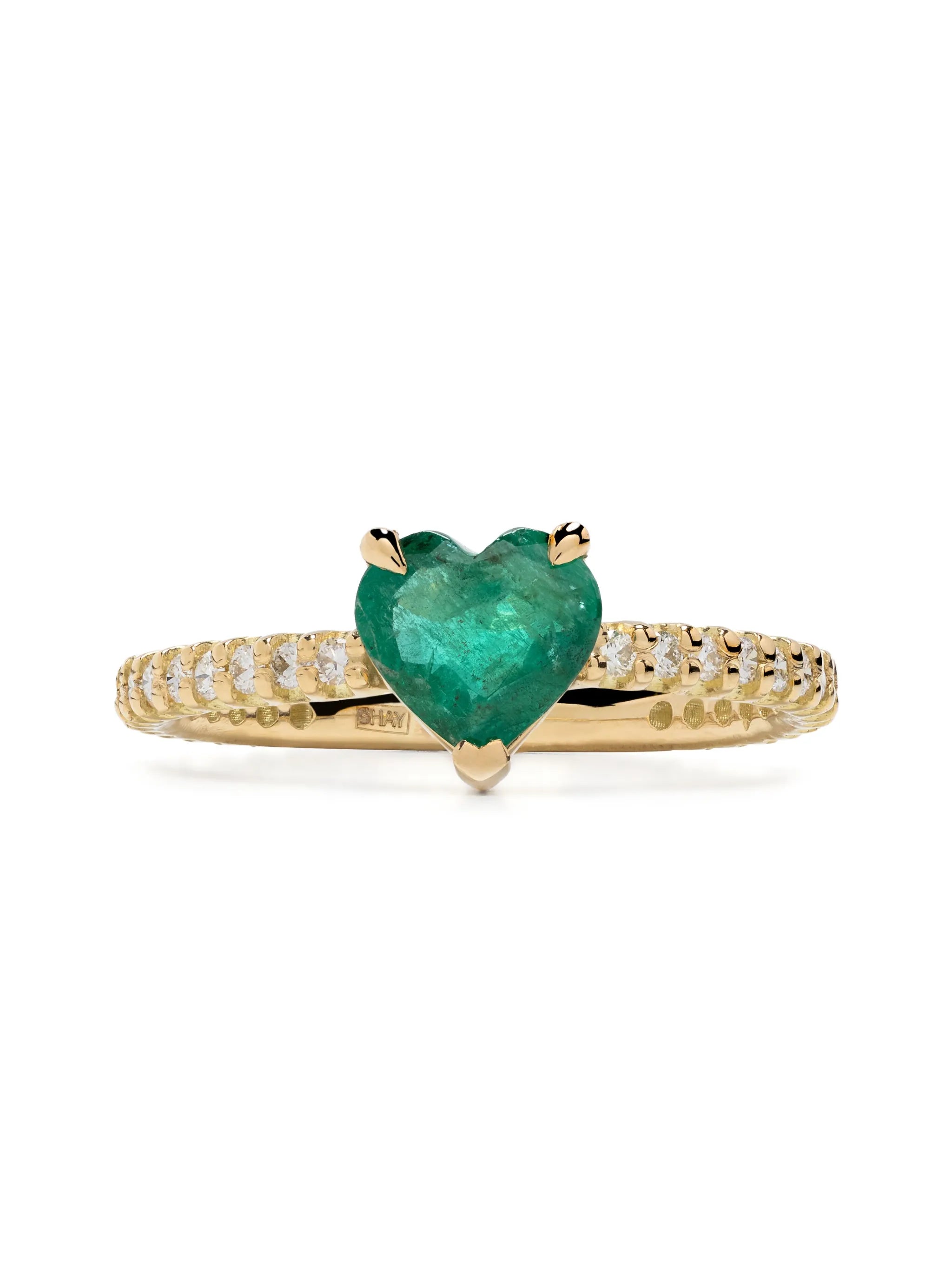 18CT yellow gold zambian emerald and diamond pinky ring