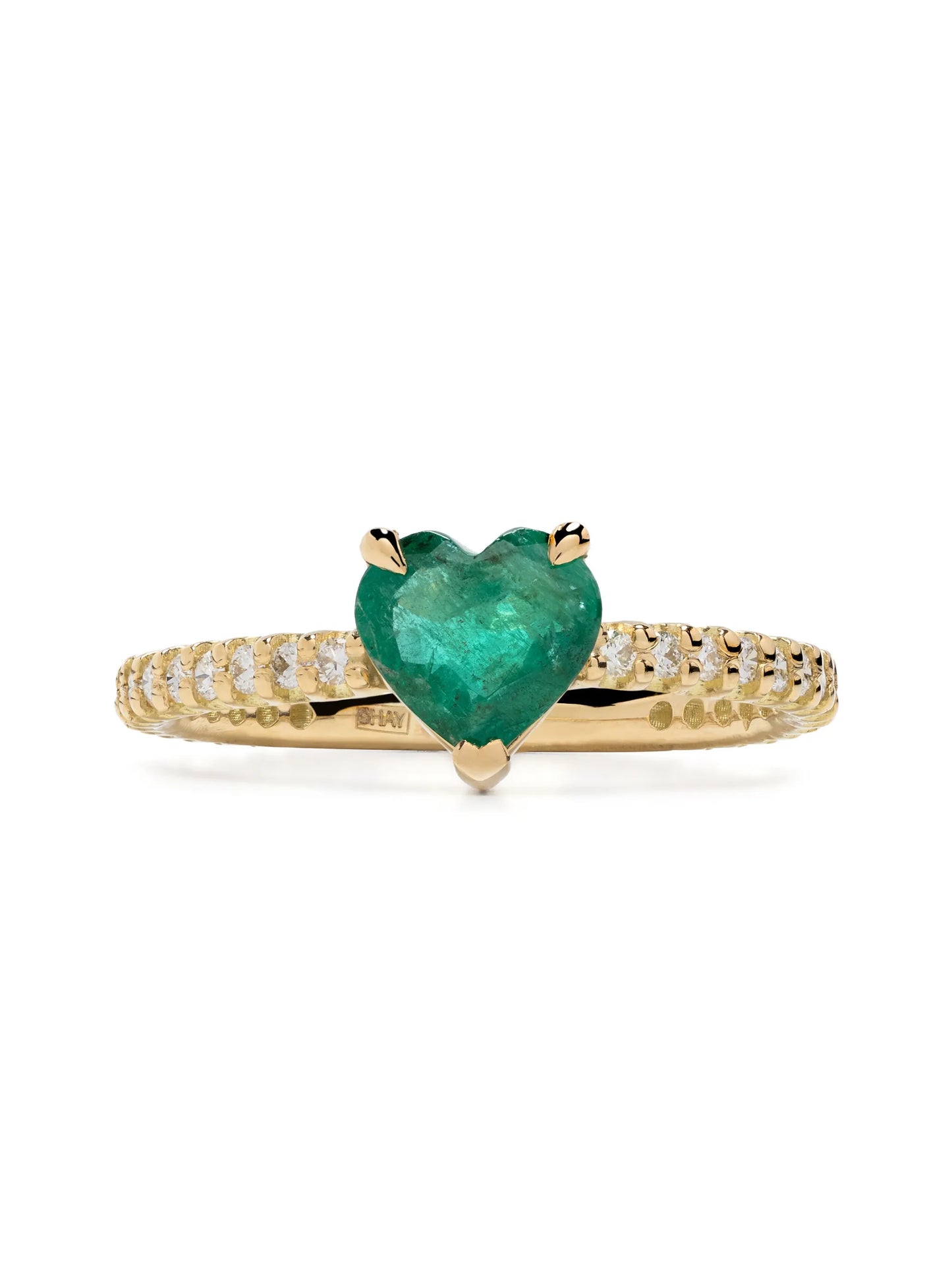 18CT yellow gold zambian emerald and diamond pinky ring