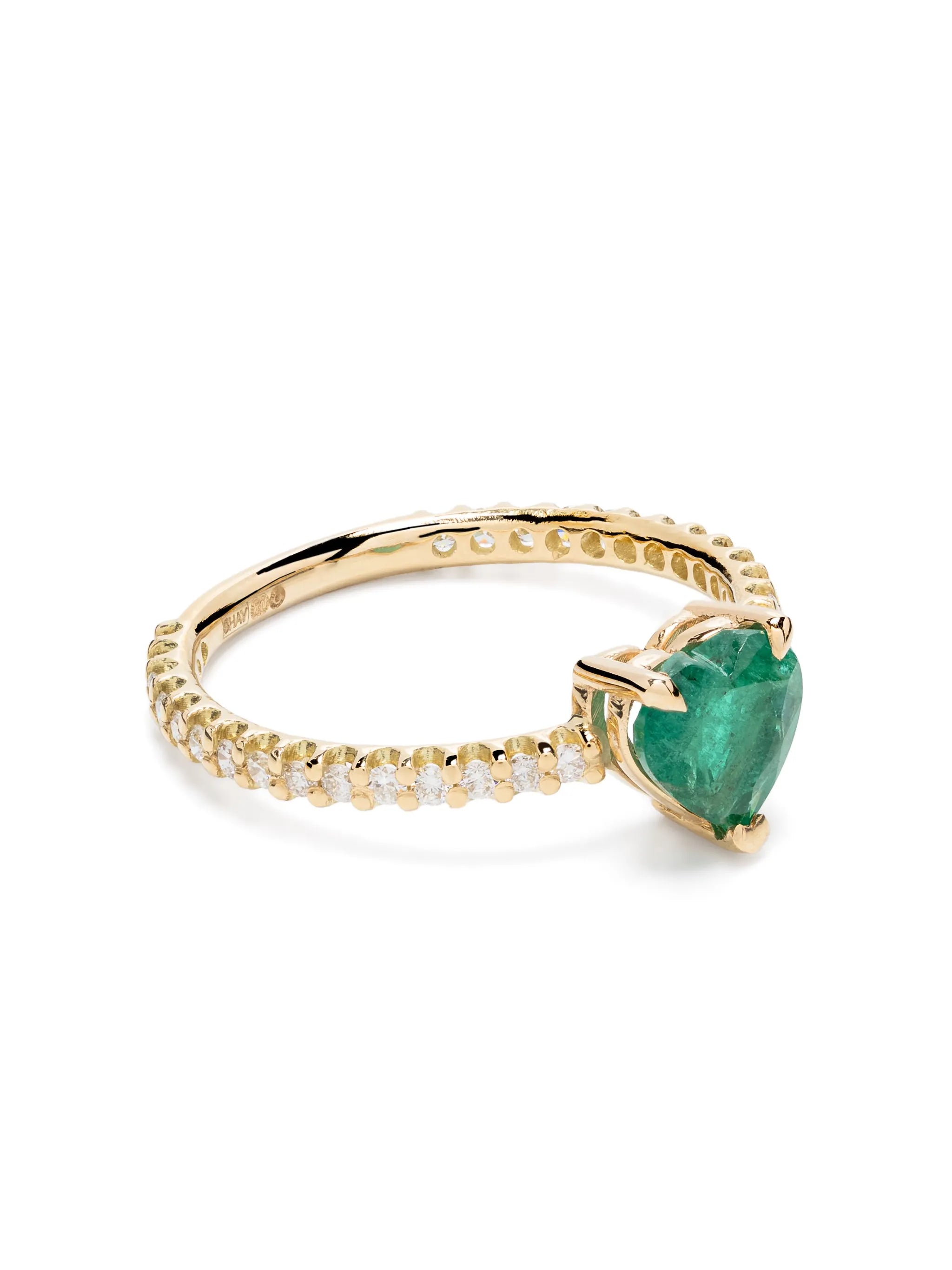 18CT yellow gold zambian emerald and diamond pinky ring