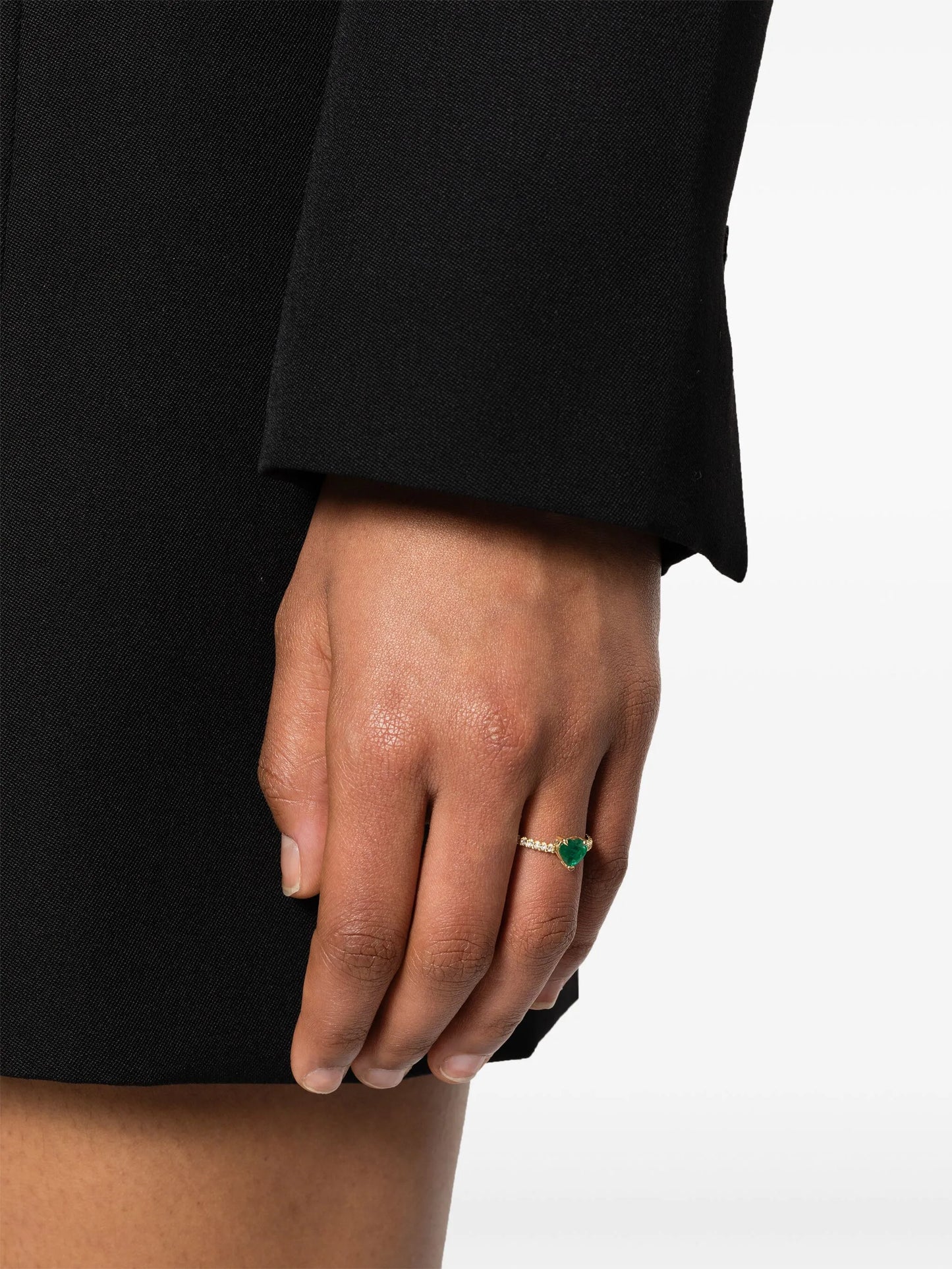 18CT yellow gold zambian emerald and diamond pinky ring