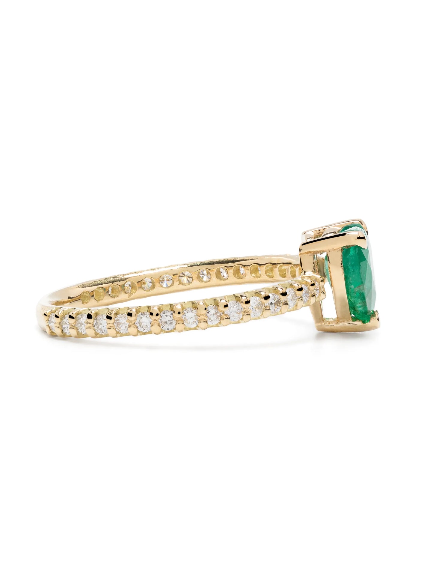 18CT yellow gold zambian emerald and diamond pinky ring