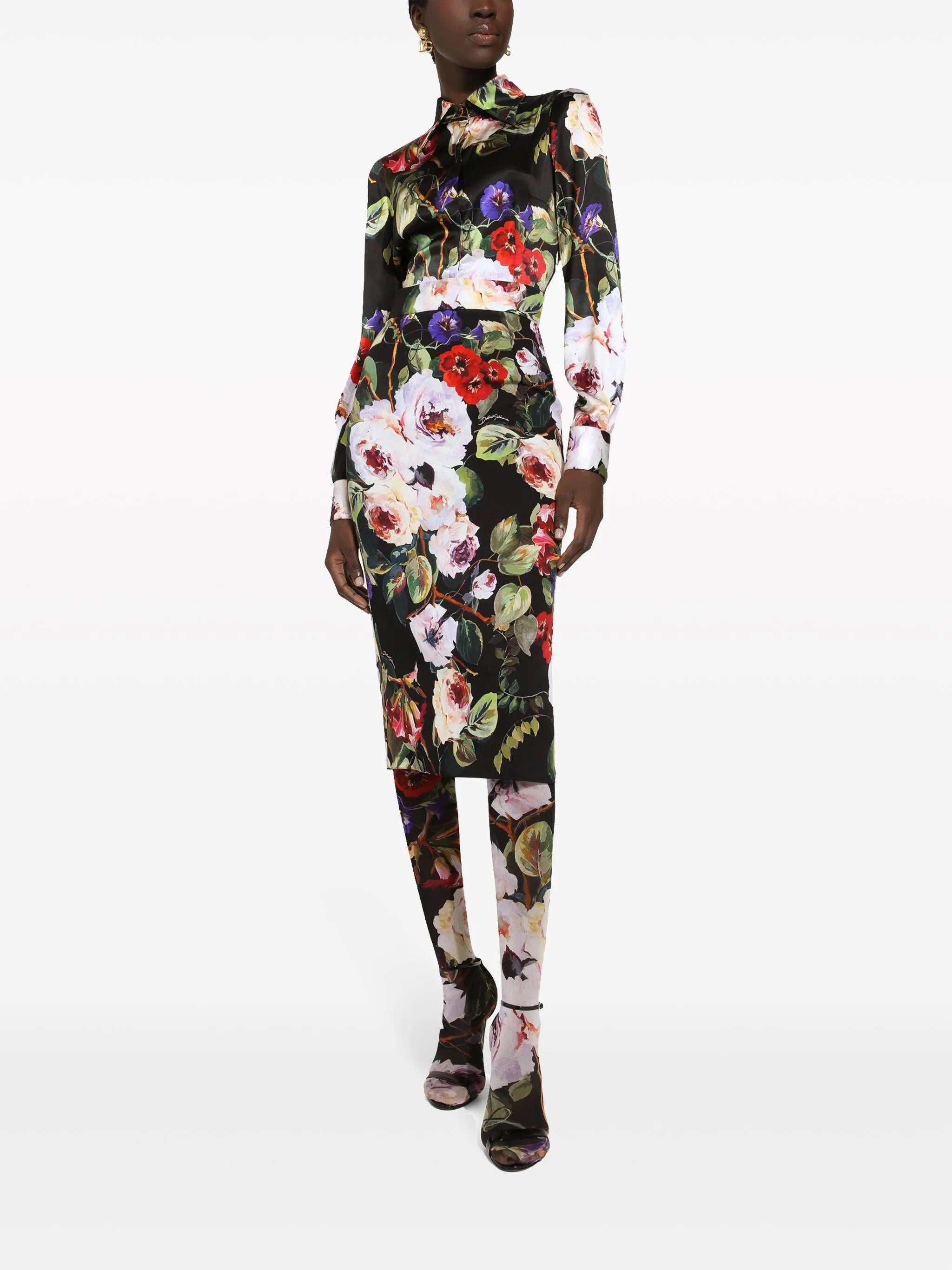 floral-print charmeuse pencil skirt