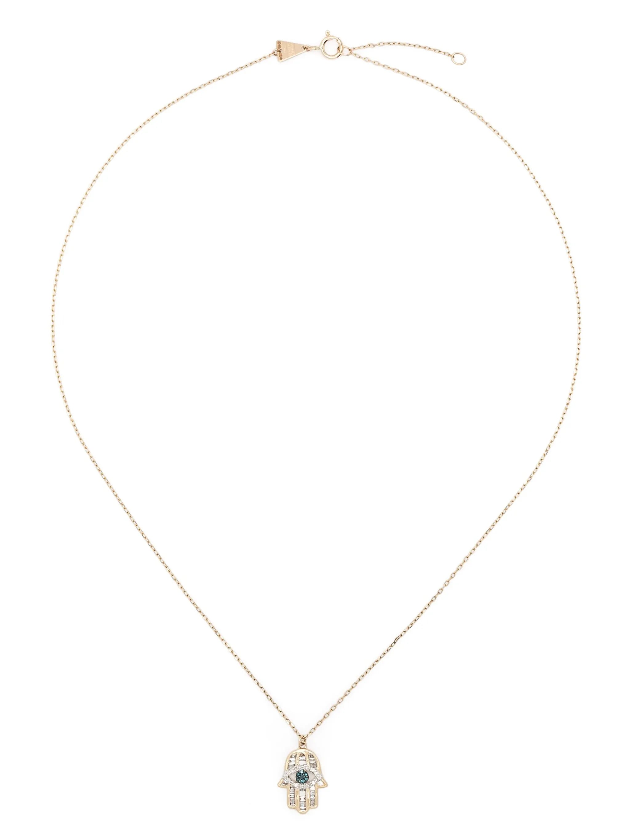 14kt yellow gold Hamsa pendant white and blue diamond necklace