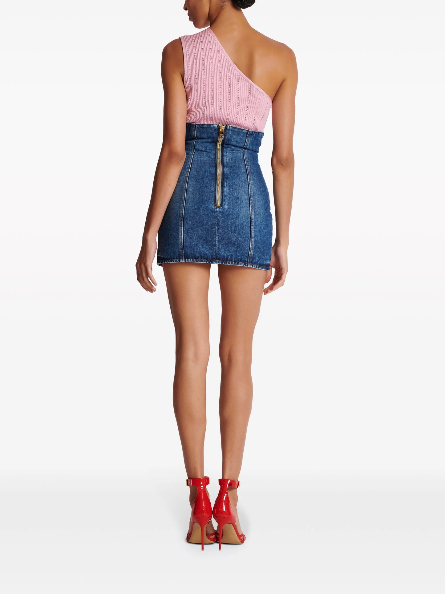 curved-waist denim miniskirt