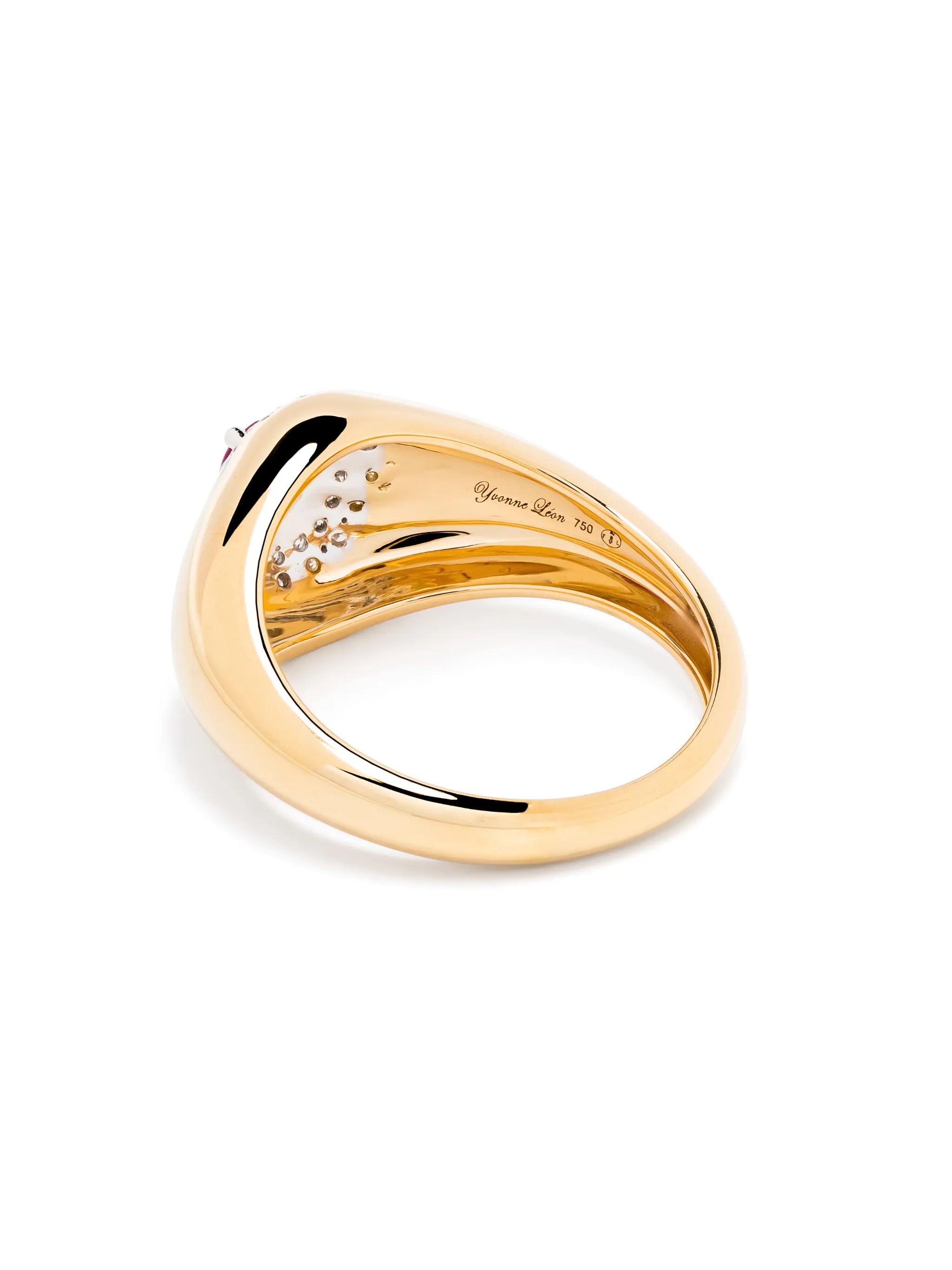 18kt yellow gold mini Chevalière Pompadour diamond and emerald signet ring