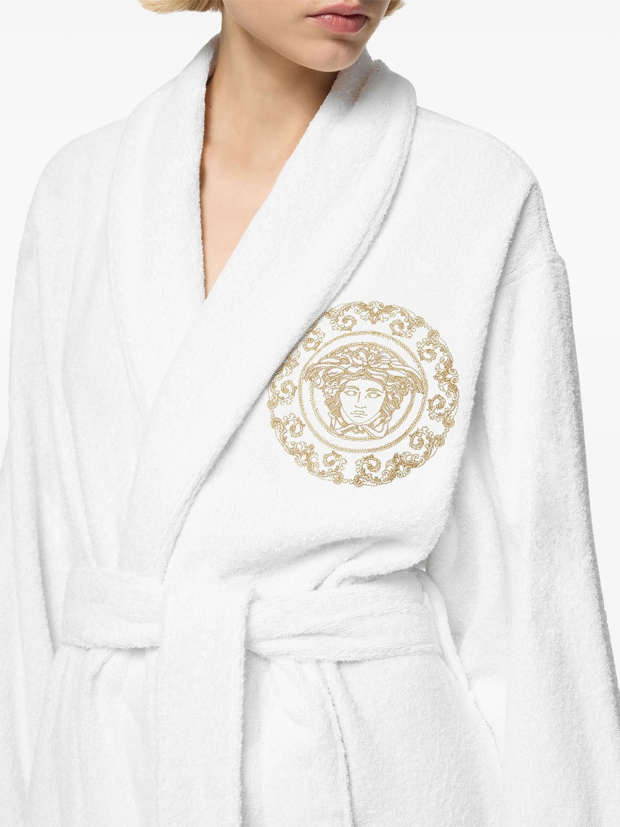 Medusa-embroidered belted bath robe