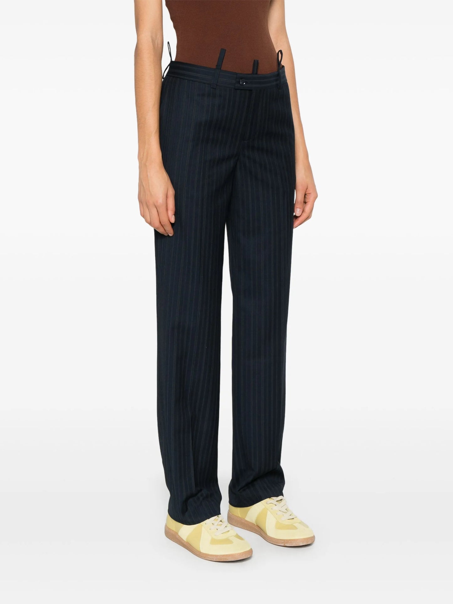 pinstriped tailored straight trousers