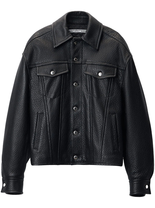 curved-sleeve leather jacket