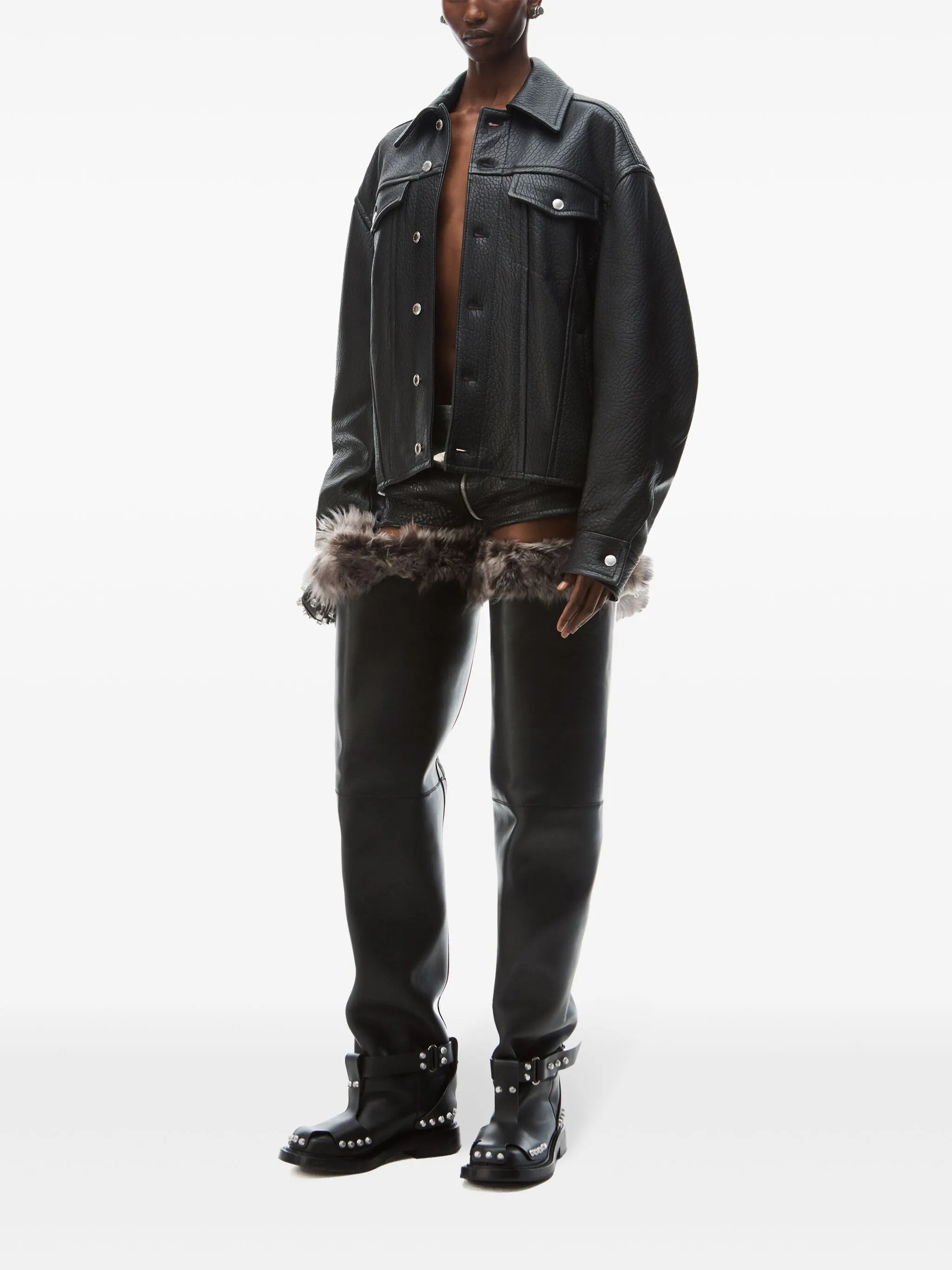 curved-sleeve leather jacket
