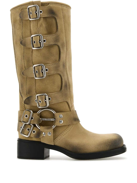 buckle-strap suede boots