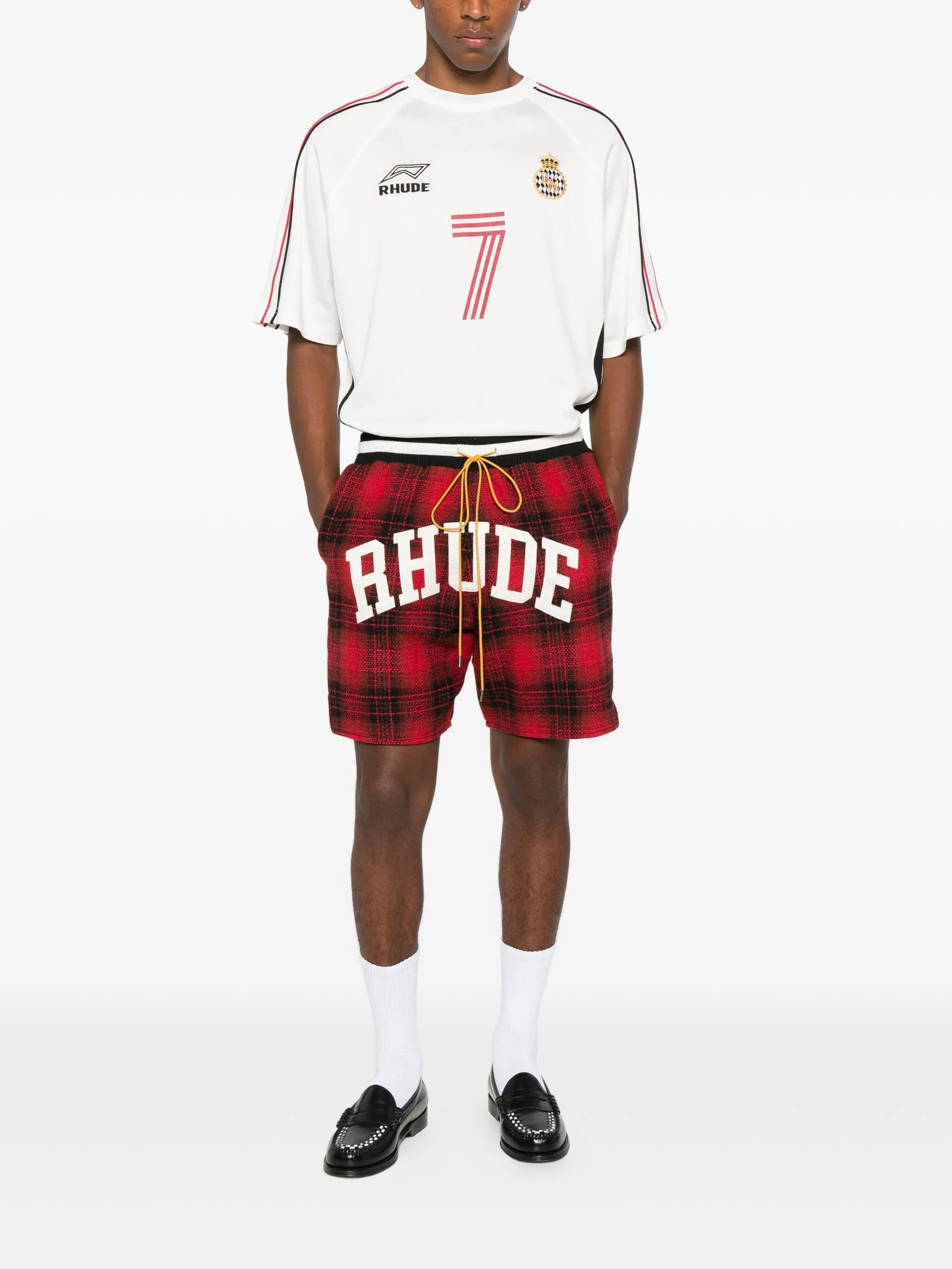 collegiate logo plaid shorts