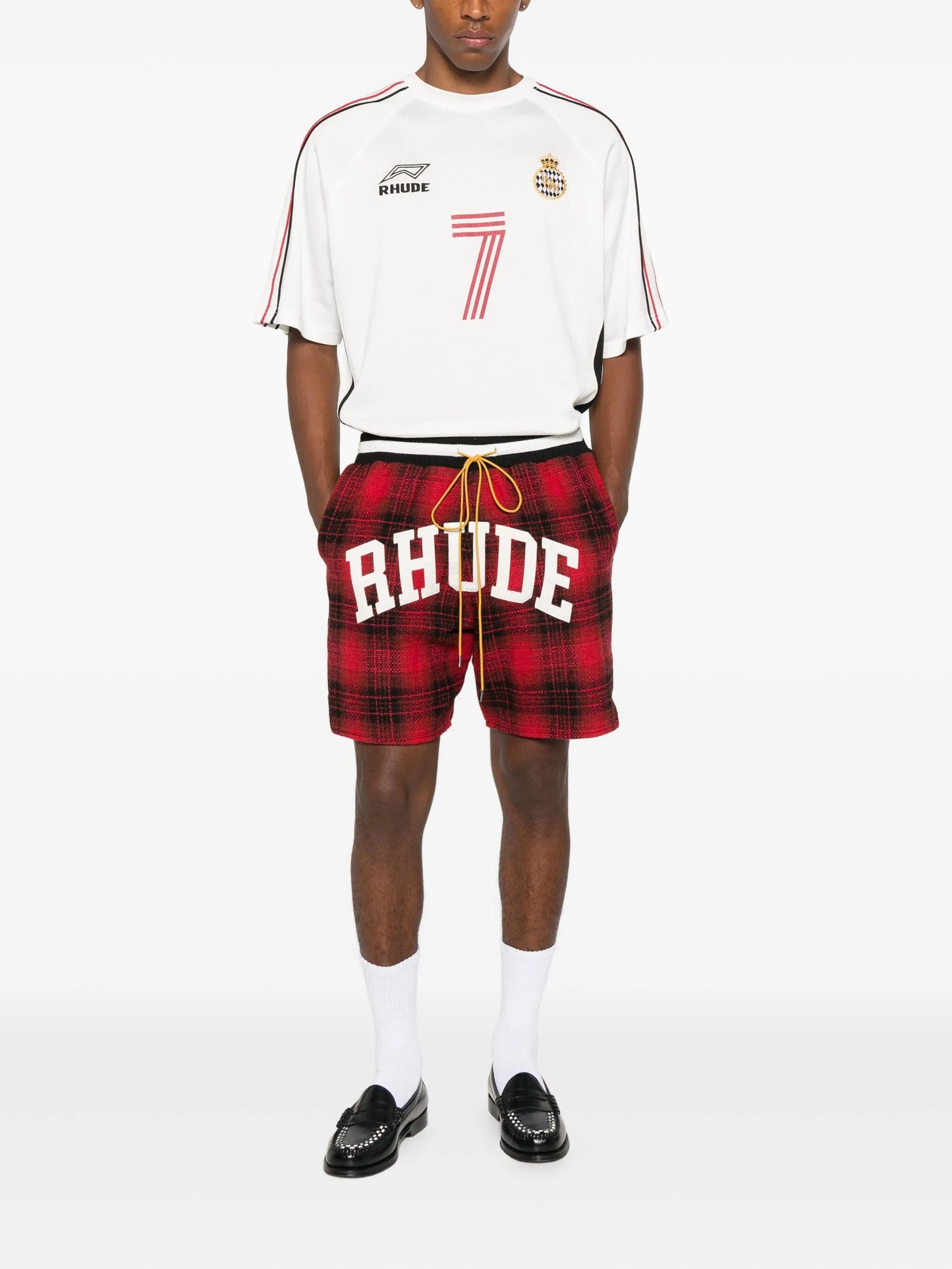 collegiate logo plaid shorts