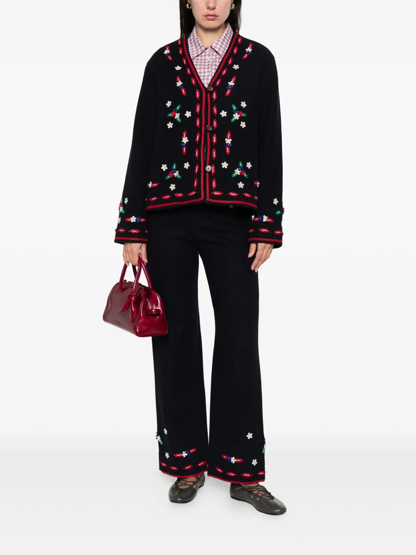 flower appliqué V-neck knitwear