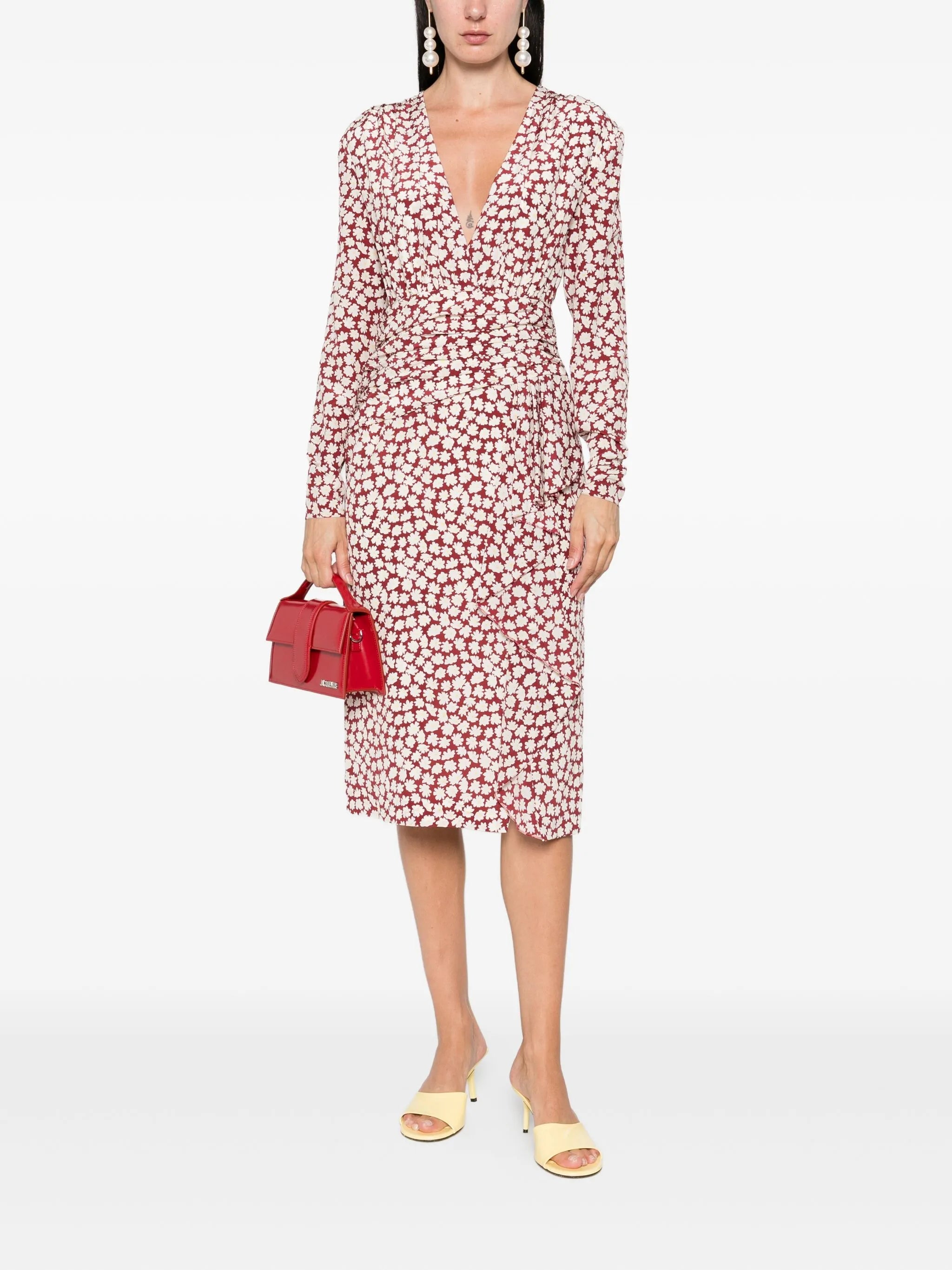 floral-print draped midi dress