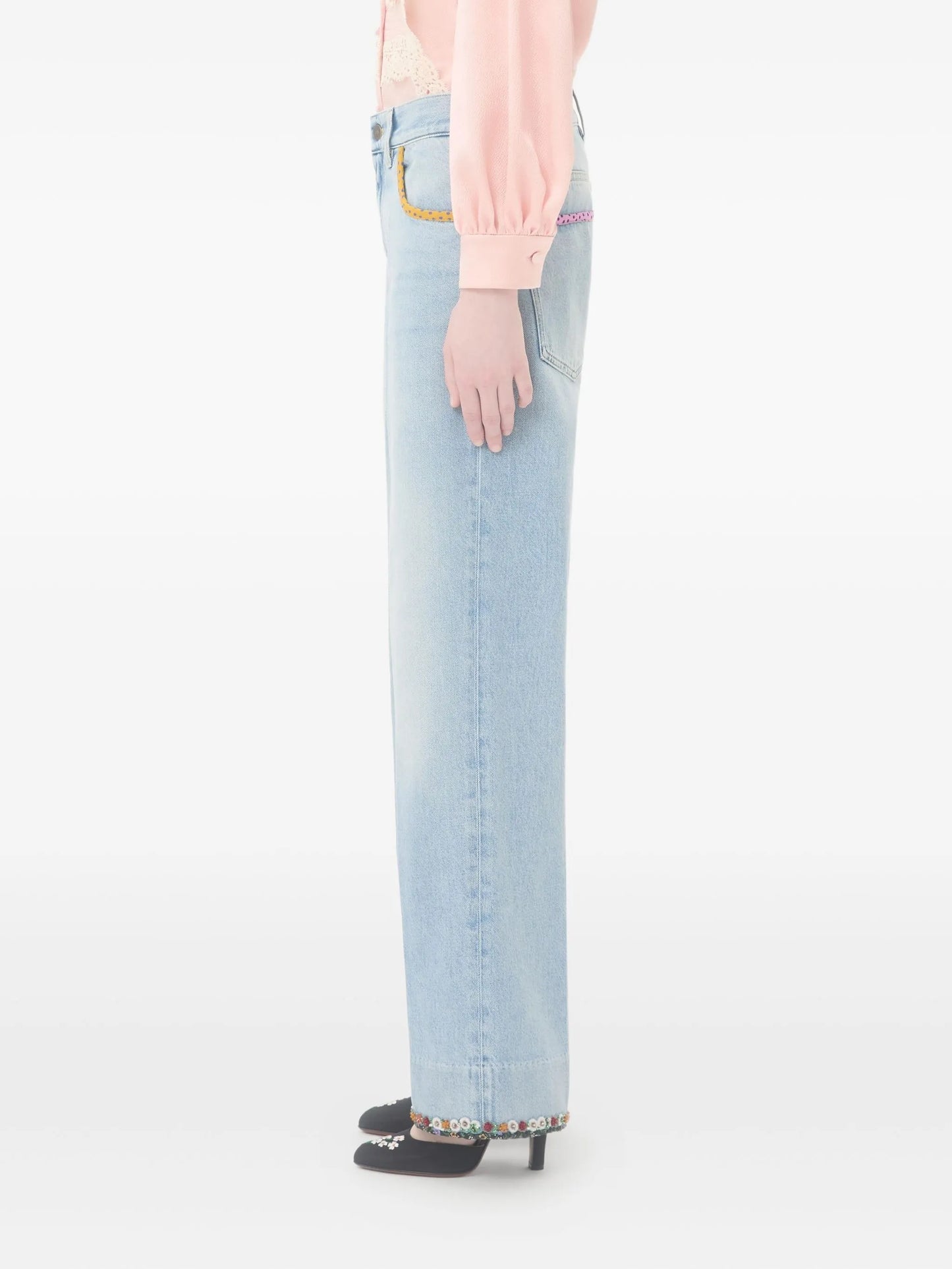 floral-hem faded jeans