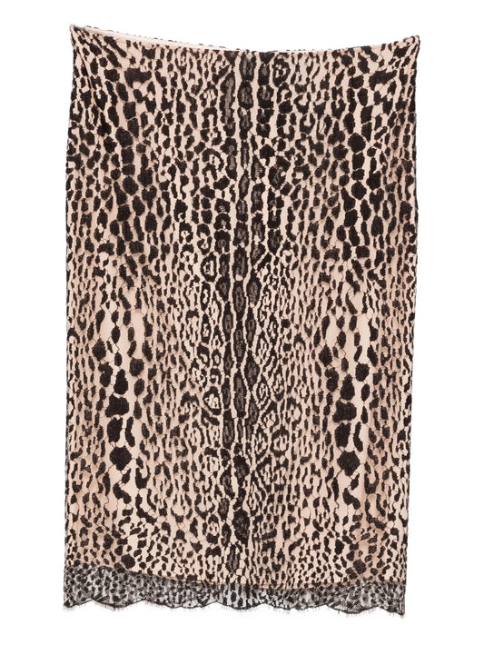 leopard-print lace midi skirt