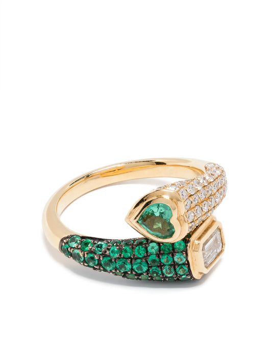18CT yellow gold mixed bypass diamond and emerald pinky ring