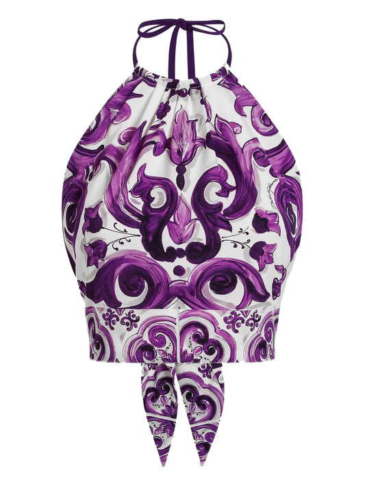 Majolica-print charmeuse top