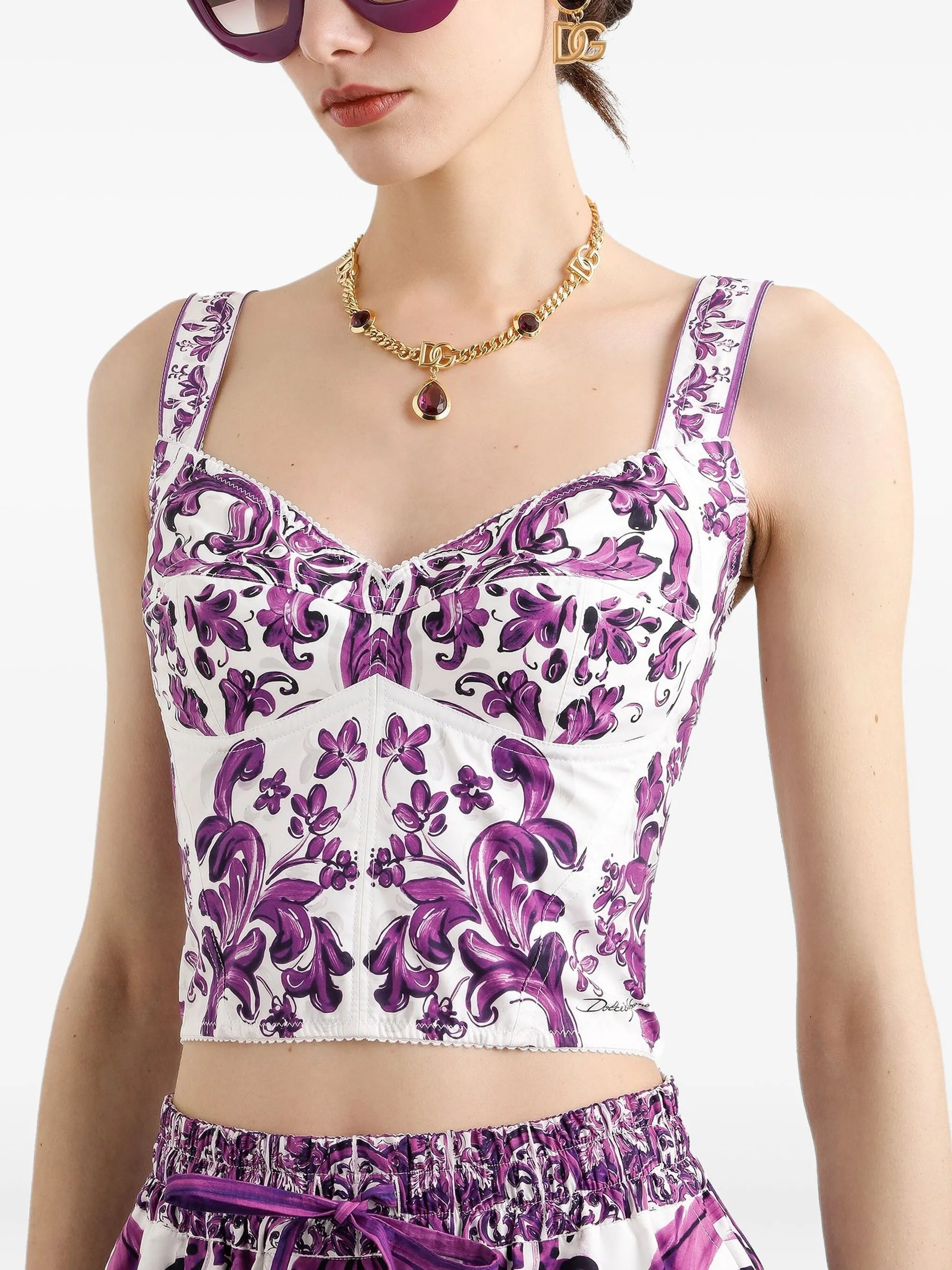 Majolica-print poplin bustier top