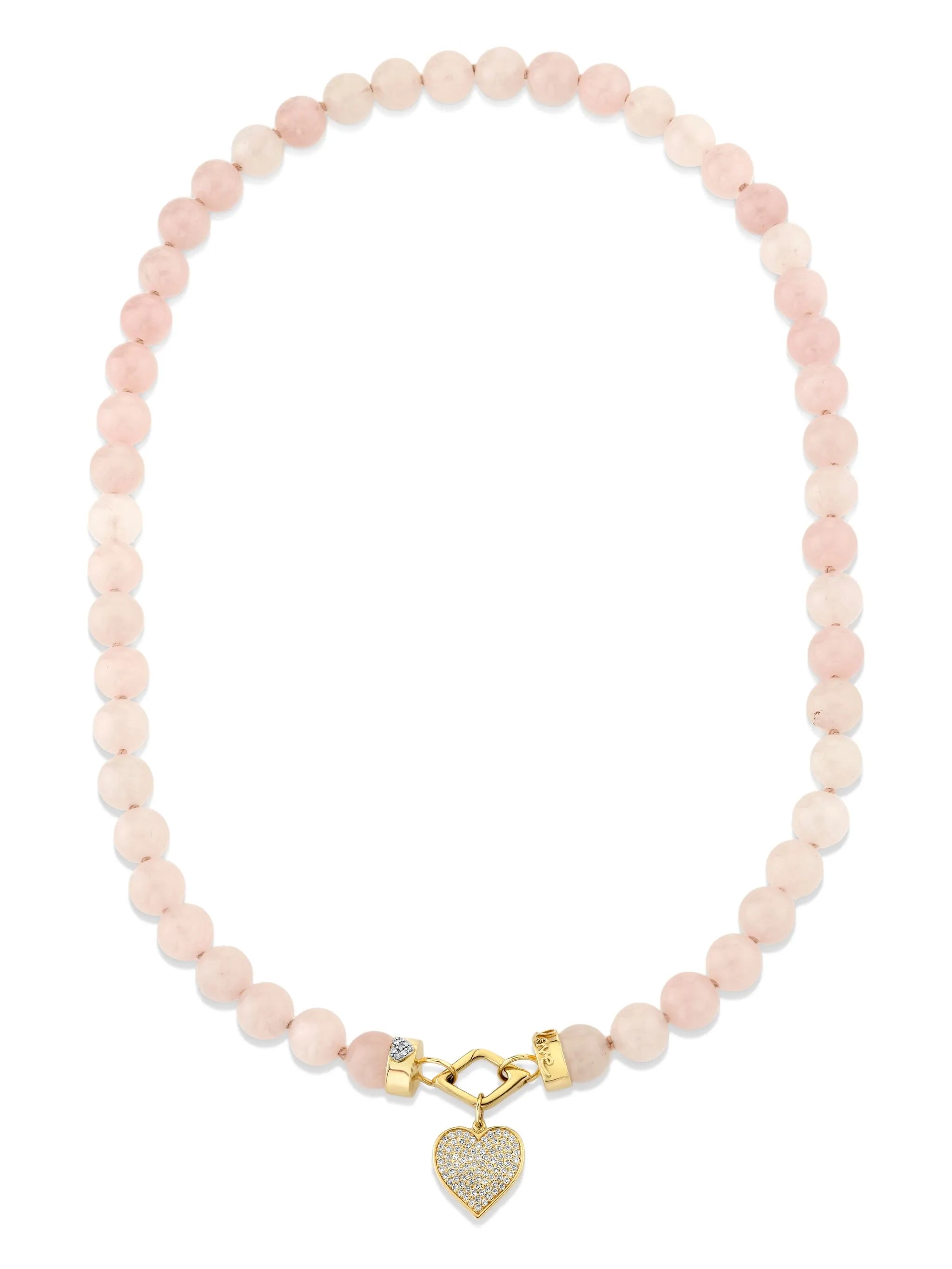 14CT yellow gold Love rose quartz and diamond necklace