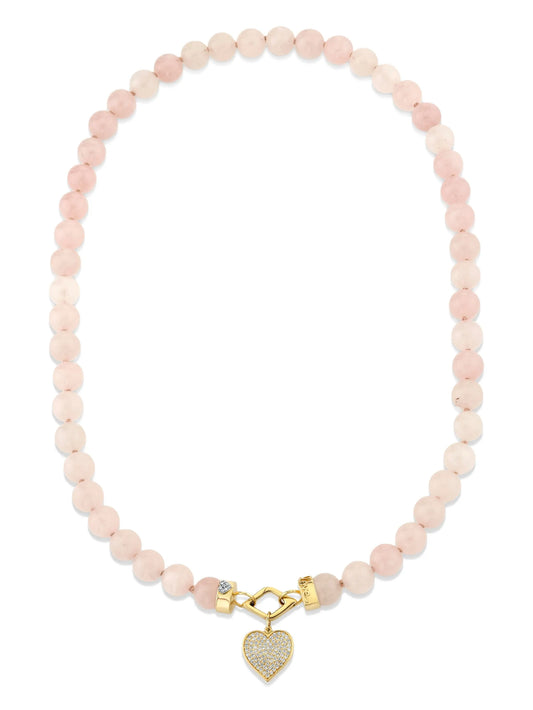14CT yellow gold Love rose quartz and diamond necklace