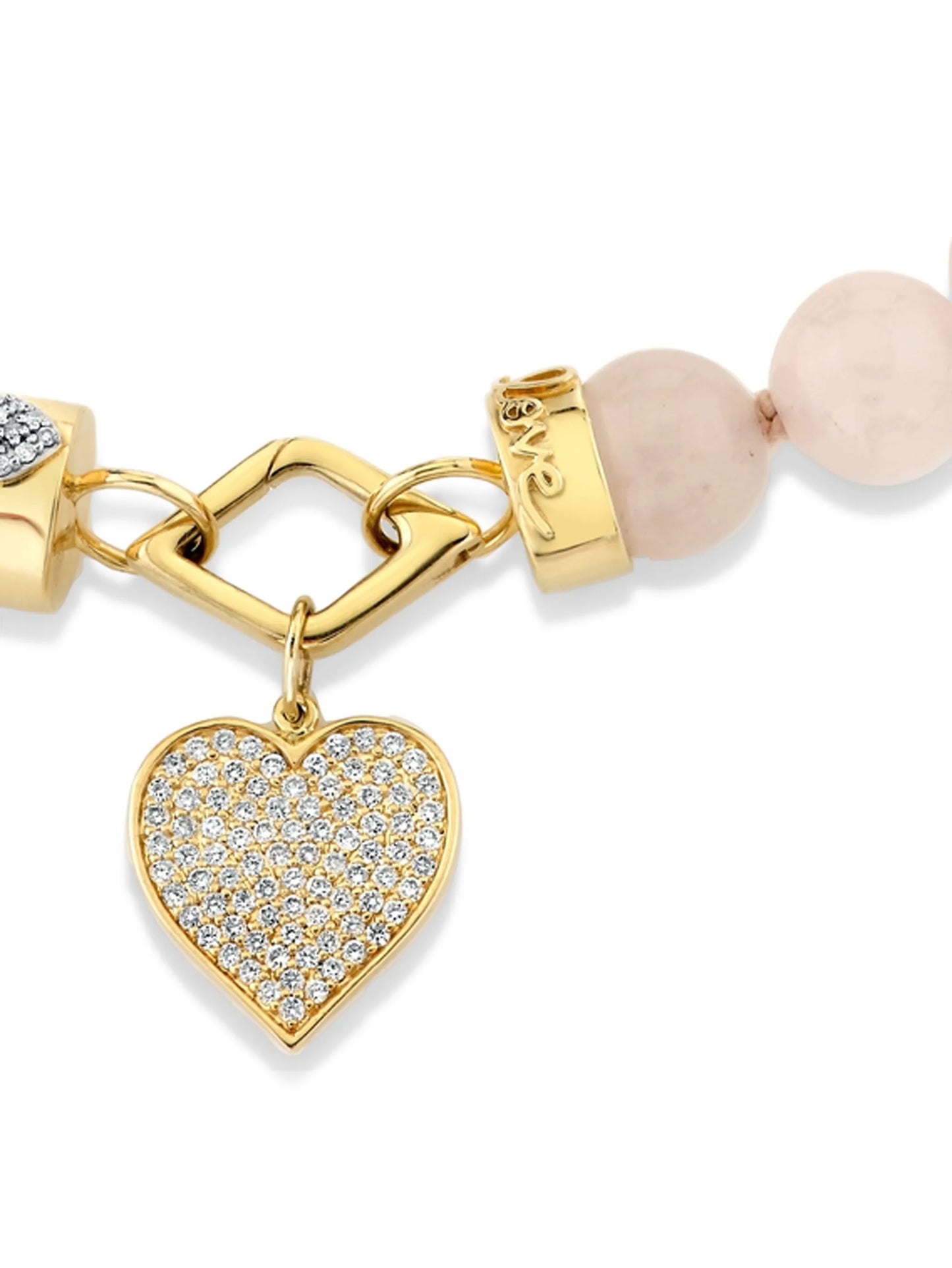 14CT yellow gold Love rose quartz and diamond necklace