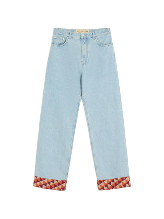 denim pants with jacquard hem