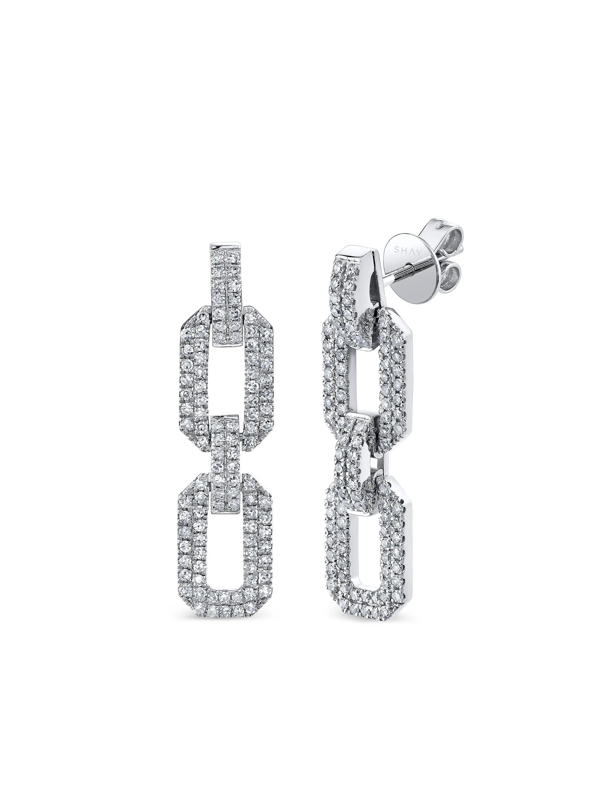 18CT white gold flat geo link diamond earrings